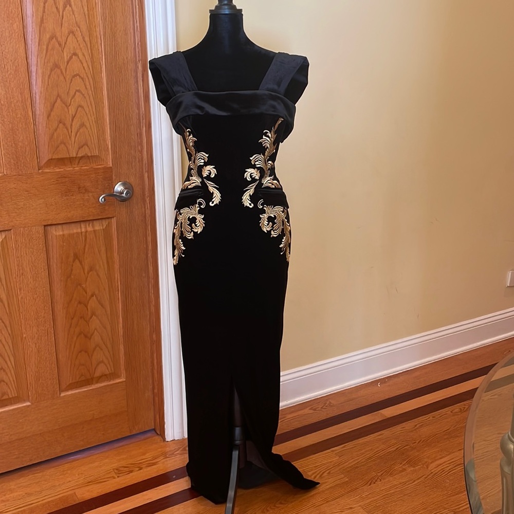 House of cb Black velvet dress with gold, low slit